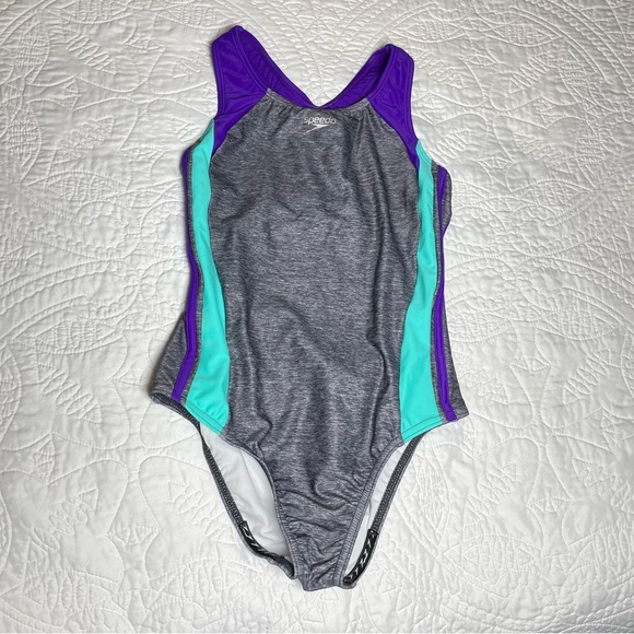 New With Tags Speedo Girls One Piece Racerback Swimsuit Size 14 Gray Purple Aqua - Picture 1 of 8